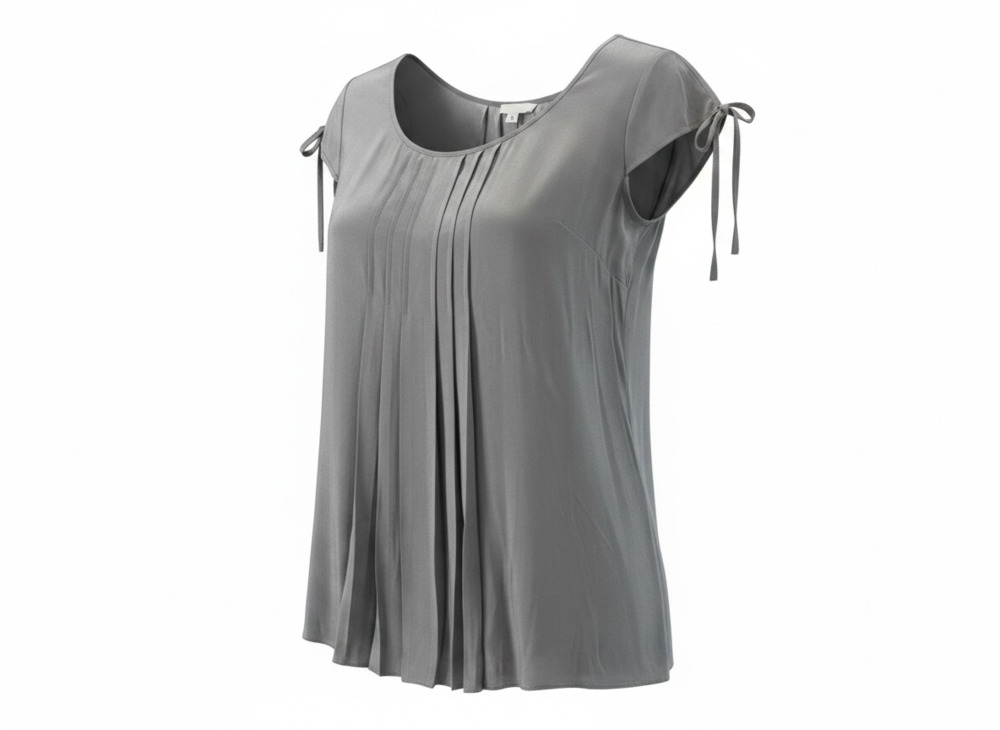 Cadeau 100% Silk Pleated Blouse Gray Short Sleeve Tie Quiet Luxury Coquette Chic